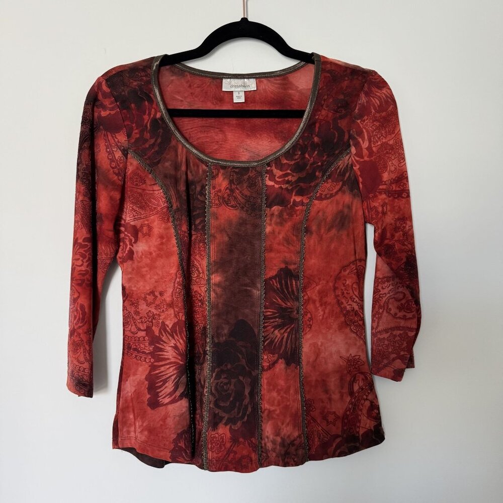 Dressbarn Womens Red Floral Paisley Mesh Top 3/4 Sleeve Metallic‎ Trim Small